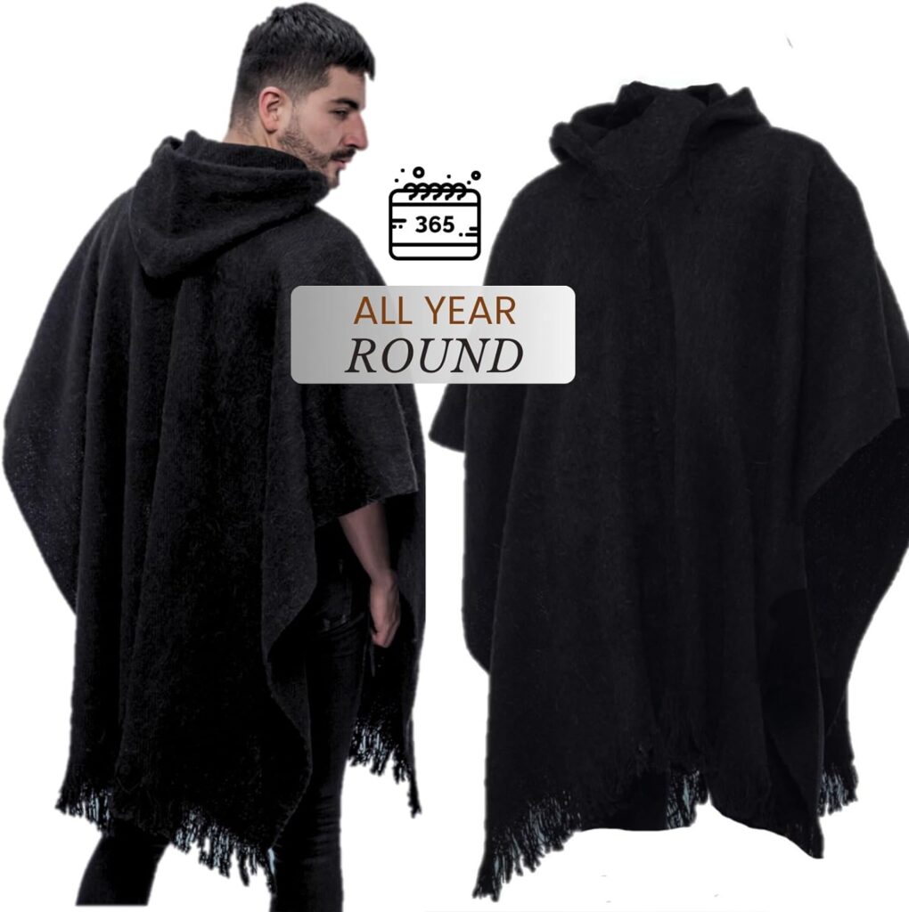 Gamboa Alpaca Poncho Mens Ponchos Adult Pancho Mexican Cloak with Hood Cowboy and Western Poncho Blanket