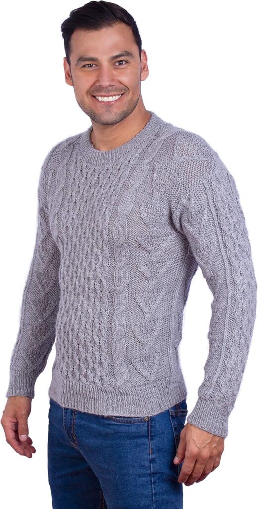 INTI ALPACA Hand Knit Warm Light Gray Aran Alpaca Sweater for Men