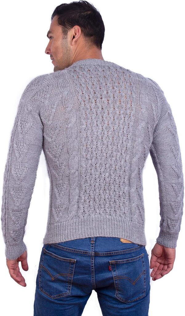 INTI ALPACA Hand Knit Warm Light Gray Aran Alpaca Sweater for Men