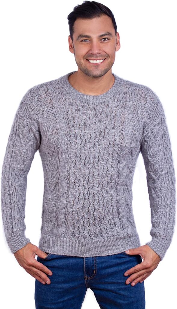 INTI ALPACA Hand Knit Warm Light Gray Aran Alpaca Sweater for Men